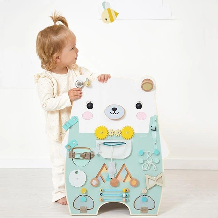 Janod Duża drewniana tablica manipulacyjna 20 aktywności Miś Pure 18m+