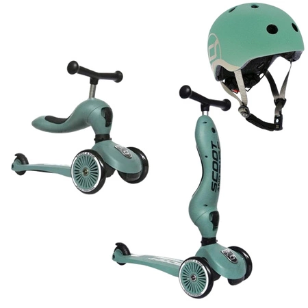 Zestaw SCOOTANDRIDE Highwaykick 1 2w1 Jeździk i hulajnoga 1-5 lat Forest + Kask XXS Forest