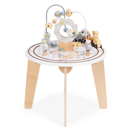 Drewniany stolik edukacyjny interaktywny dla dzieci 5w1 labirynt mula kolejka lusterko ECOTOYS