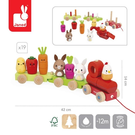 Janod Pociąg z klockami i figurkami do ciągnięcia Farma 12m+