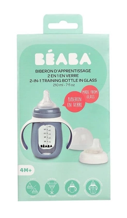 Beaba Szklana butelka treningowa w silikonowej osłonce 2w1 210 ml Windy blue