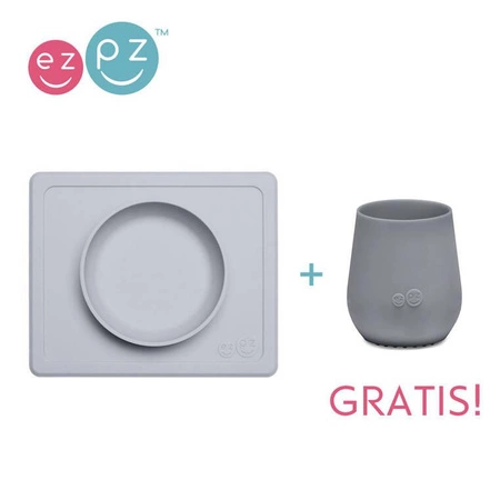 EZPZ Silikonowa miseczka z podkładką 2w1 Mini Bowl pastelowa szarość + kubeczek Tiny Cup GRATIS szary