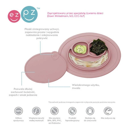 EZPZ Silikonowy talerzyk z podkładką mały 2w1 Mini Mat + pokrywka GRATIS pastelowy róż