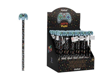 Display 36 szt. Drewniany ołówek z motywem gamingowym 3D