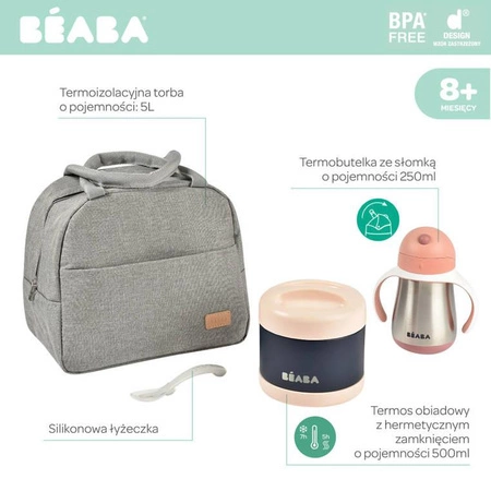 Beaba Zestaw podróżny w torbie izotermicznej: termos obiadowy ze stali nierdzewnej 500 ml, bidon termiczny ze słomką 250 ml i silikonowa łyżeczka 8m+ Old Pink