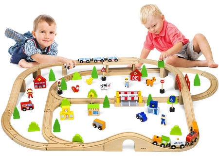 Drewniana Kolejka z pociągami tor dla dzieci 90 elementów Viga Toys
