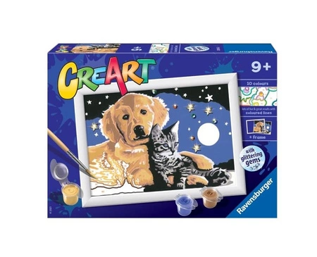 CreArt Malowanie Po Numerach Dla Dzieci - Pies z Kotkiem Nocą