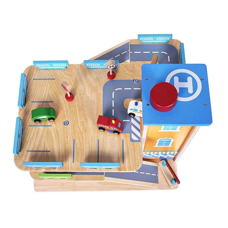 Drewniany garaż tor z windą + autka parking samochodowy