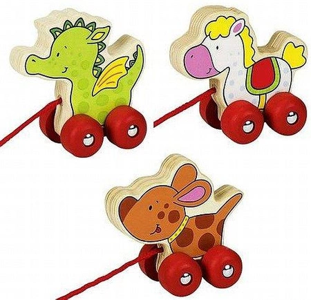 Drewniana zabawka do ciągnięcia na sznurku, zwierzaki