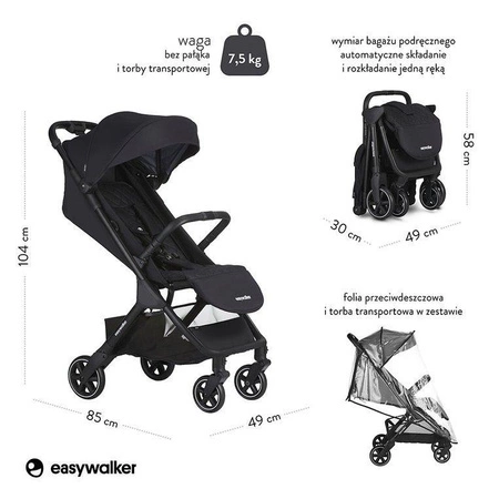 Easywalker Jackey Kompaktowy, samoskładający się wózek spacerowy z torbą transportową Shadow Black