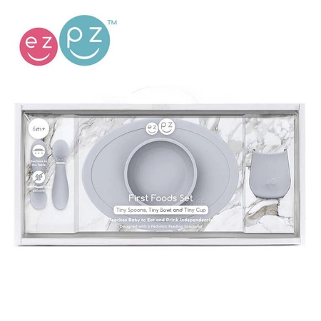 EZPZ Komplet pierwszych naczyń silikonowych First Foods Set pastelowa szarość + kubeczek Tiny Cup GRATIS pastelowa szarość