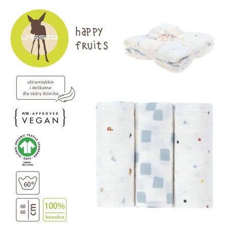 Lassig Muślinowy otulacz kocyk z bawełny organicznej 60x60cm zestaw 3 szt. Happy Fruits blue