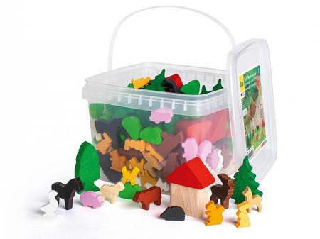 Drewniane figurki zwierząt drzew domów 200 elementów Erzi 41370 zestaw