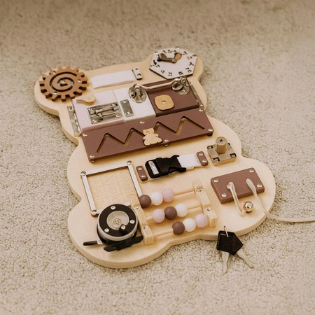 Drewniana tablica manipulacyjna sensoryczna dla dzieci panel edukacyjny miś 12 elementów ECOTOYS