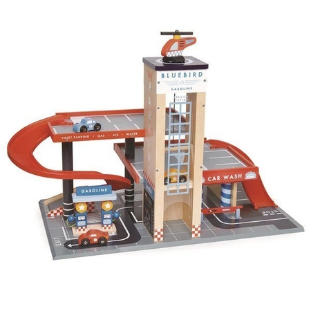 Drewniany garaż z samochodami i helikopterem, Tender Leaf Toys