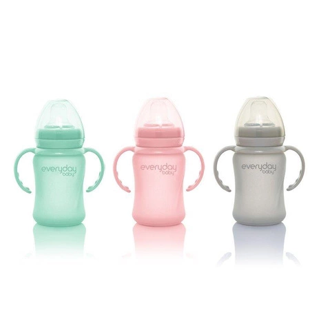 Szklana butelka z ustnikiem niekapkiem i rączkami, 150 ml, różowa, Everyday Baby