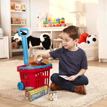 Zakupowy kosz z wyciąganym uchwytem na kółkach i akcesoriami 14073-Melissa & Doug, zabawa w sklep