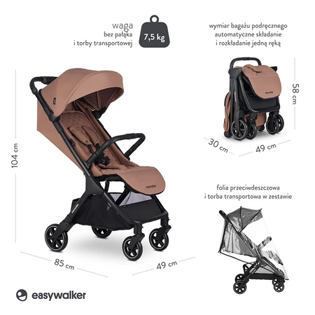 Easywalker Jackey Kompaktowy, samoskładający się wózek spacerowy z torbą transportową Pecan Brown