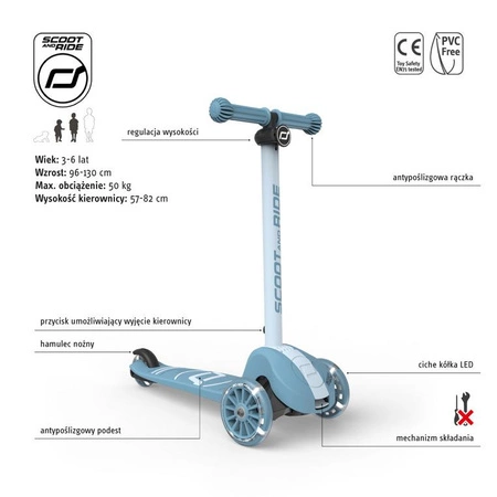 SCOOTANDRIDE Highwaykick 3S Hulajnoga z systemem sterowania 2w1 i kółkami LED składana 3+ Steel
