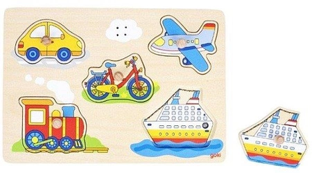 Układanka dla dzieci z uchwytami i dźwiękiem, Pojazdy wydające odgłosy, 57519-Goki, układanki drewniane