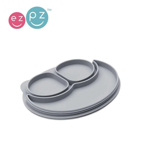 EZPZ Silikonowy talerzyk z podkładką mały 2w1 Mini Mat + pokrywka GRATIS pastelowa szarość