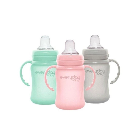 Szklana butelka z ustnikiem niekapkiem i rączkami, 150 ml, miętowa, Everyday Baby