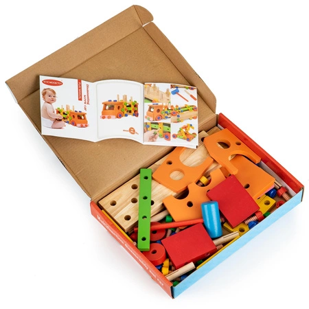 Drewniane klocki konstrukcyjne edukacyjne + narzedzia Ecotoys