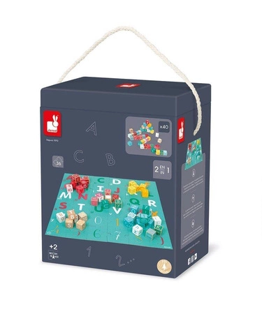 Drewniane klocki z puzzlami Kubix Litery i cyfry 40 elementów 2+, Janod