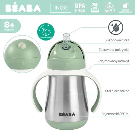 Beaba Bidon niekapek ze słomką termiczny 250 ml Sage green