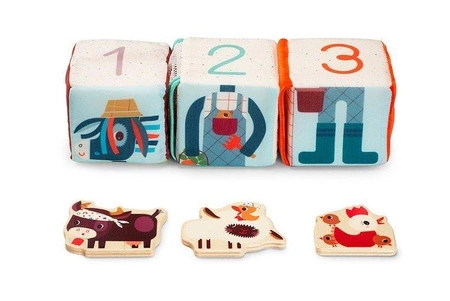 LILLIPUTIENS Zestaw 3 kostek aktywizujących wielofunkcyjnych z ukrytymi elementami Farma 18 m+