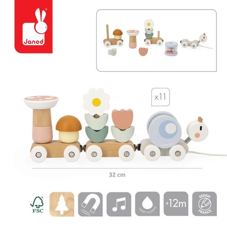 Janod Magnetyczny pociąg z klockami i grzechotką do ciągnięcia Ślimak Sweet Cocoon 12m+