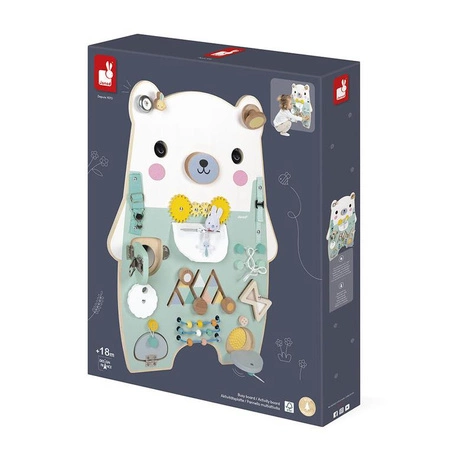 Janod Duża drewniana tablica manipulacyjna 20 aktywności Miś Pure 18m+