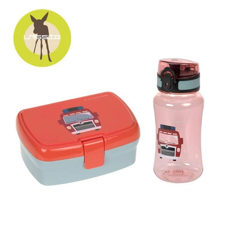 Lassig Zestaw na lunch Lunchbox + Tritanowa butelka - bidon 460 ml Tiny Drivers Wóz strażacki