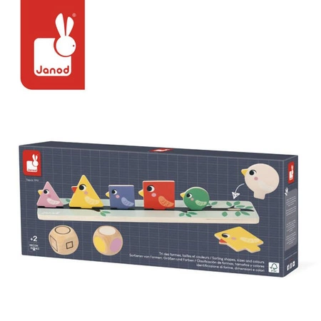 Układanka edukacyjna Sortowanie kształtów, kolorów i rozmiarów Ptaki 2+, Janod