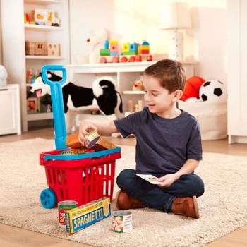Zakupowy kosz z wyciąganym uchwytem na kółkach i akcesoriami 14073-Melissa & Doug, zabawa w sklep