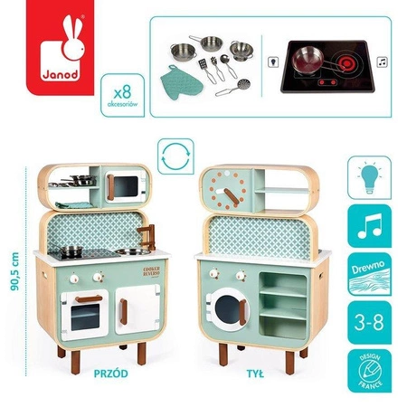 Dwustronna drewniana kuchnia z pralką 2w1, z dźwiękiem, światłem LED i 8 akcesoriami, Janod