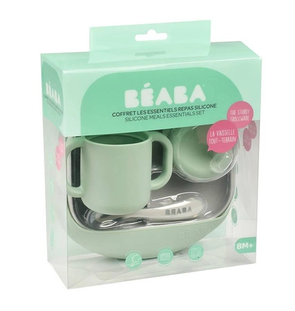 Beaba Silikonowy zestaw do posiłków (talerzyk trójdzielny z przyssawką, kubek z dziubkiem, łyżeczka i śliniak)