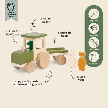 Drewniany traktor z przyczepą