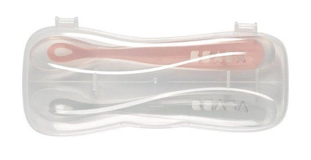BEABA Zestaw 2 łyżeczek silikonowych w podróżnym etui 4 m+ Old Pink