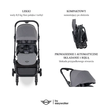 MINI by Easywalker Buggy TURN Kompaktowy wózek spacerowy z obrotowym siedziskiem 360° Soho Grey (z osłoną przeciwdeszczową w zestawie)