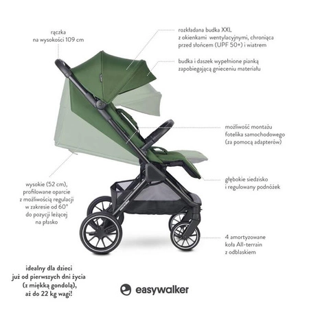 Easywalker Jackey² XL Komfortowy, samoskładający się wózek spacerowy z torbą transportową i osłoną przeciwdeszczową Deep Green