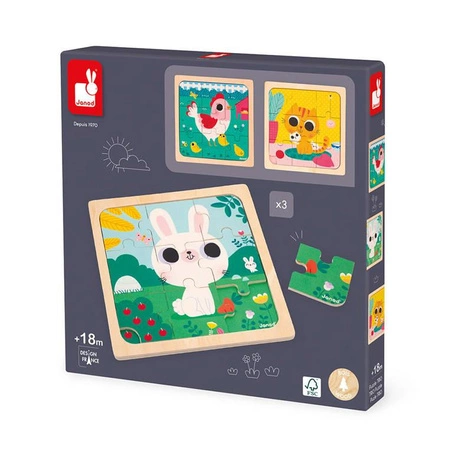 Zestaw 3 drewnianych puzzli 3x 9 elementów, 18 m+, Janod