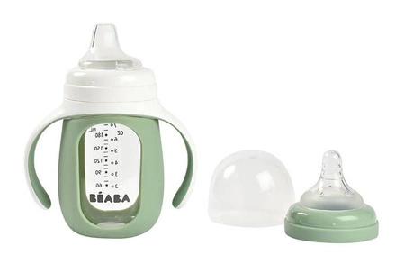 Beaba Szklana butelka treningowa w silikonowej osłonce 2w1 210 ml Sage green