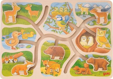 Układanki dla dzieci labirynt Leśne zwierzęta 57749-Goki, puzzle drewniane
