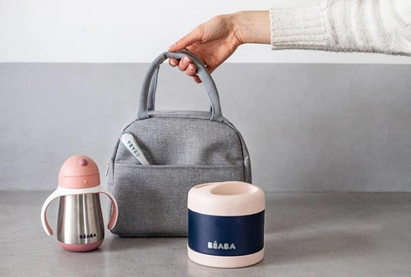 Beaba Zestaw podróżny w torbie izotermicznej: termos obiadowy ze stali nierdzewnej 500 ml, bidon termiczny ze słomką 250 ml i silikonowa łyżeczka 8m+ Old Pink