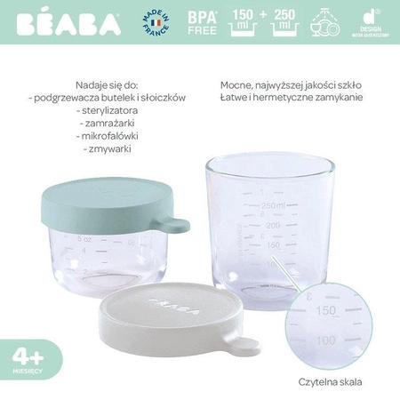BEABA Zestaw pojemników słoiczków szklanych z hermetycznym zamknięciem 150 + 250 ml airy green i light mist