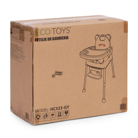 Fotelik krzesełko do karmienia dzieci 3w1 podwójna tacka 5-punktowe pasy szary ECOTOYS