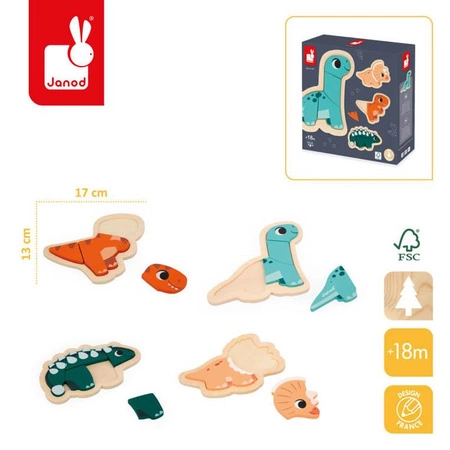 Puzzle progresywne drewniane Dinozaury 4 układanki – 2, 3, 4 i 5 elementów 18 m+, Janod
