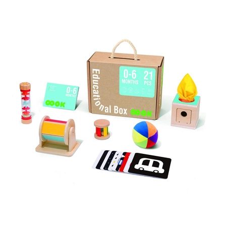 Tooky Toy Edukacyjne Pudełko Karty Kontrastowe Grzechotka Bębenek Piłka 6w1 od urodzenia do 6 miesiąca