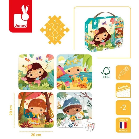 Puzzle progresywne w walizce Pory roku 4 układanki – 6, 9, 12 i 16 elementów 2+, Made in France, Janod (stary indeks: J02658)